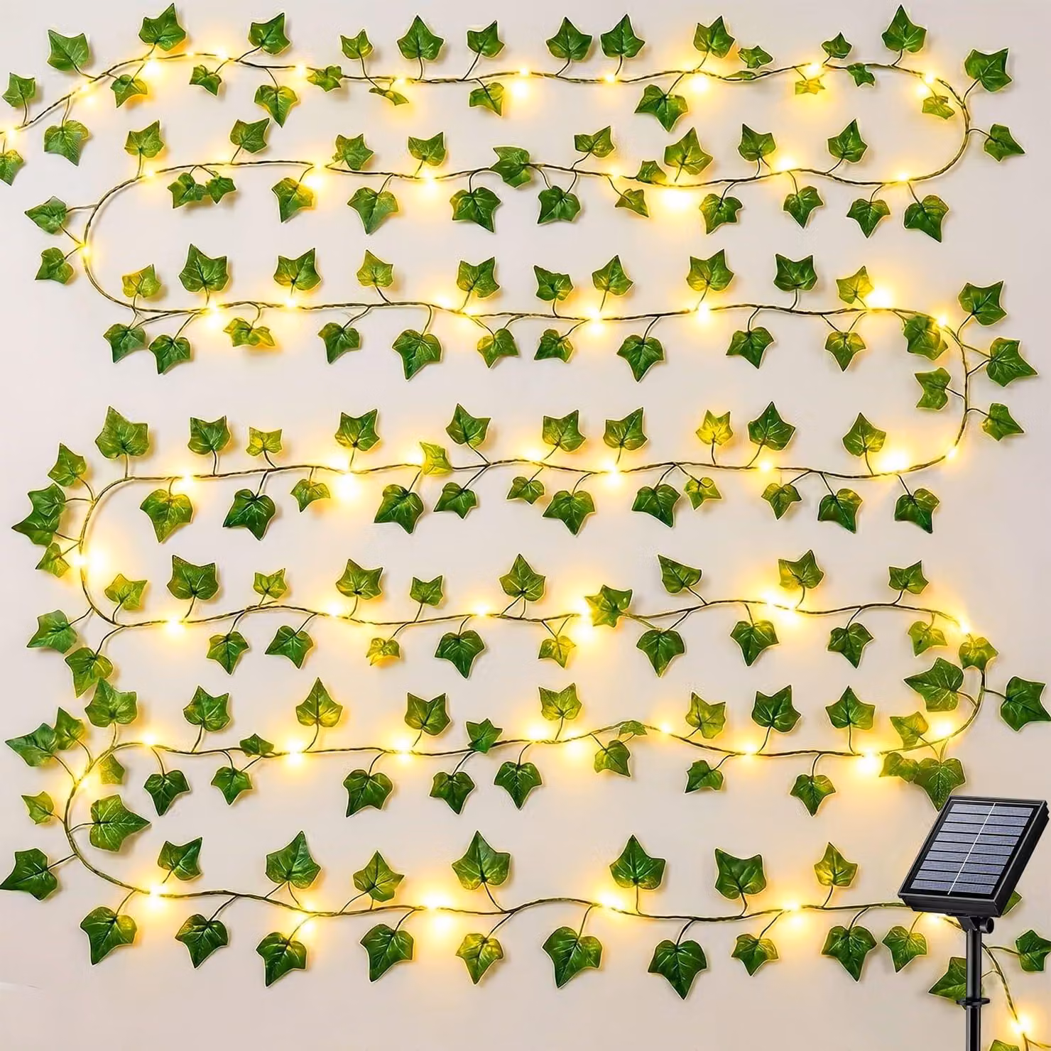 Catena luminosa solare con edera artificiale, 10 metri, 100 LED, 8 modalità, grado di protezione IP65