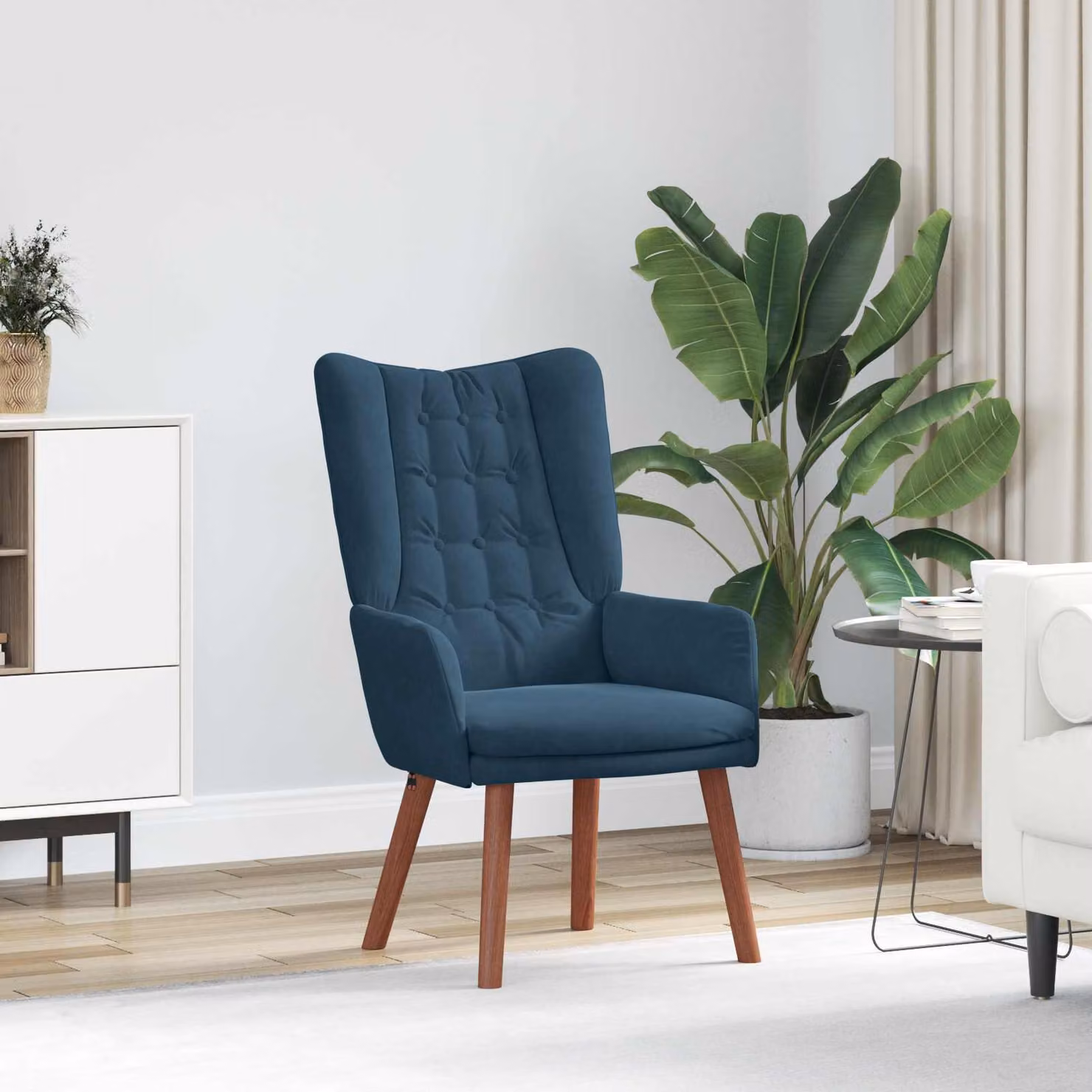 Poltrona lounge in velluto blu vidaXL con braccioli e struttura in legno
