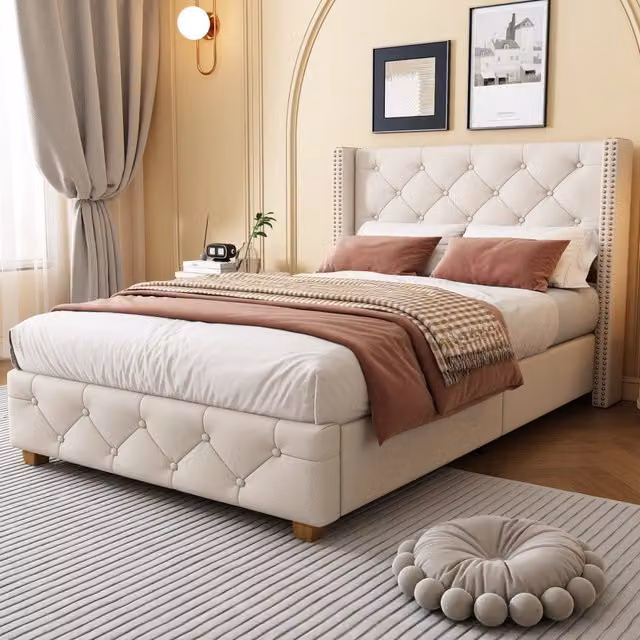 Letto singolo imbottito 90 × 200 cm con rete a doghe e testiera in lino beige con bottoni e borchie