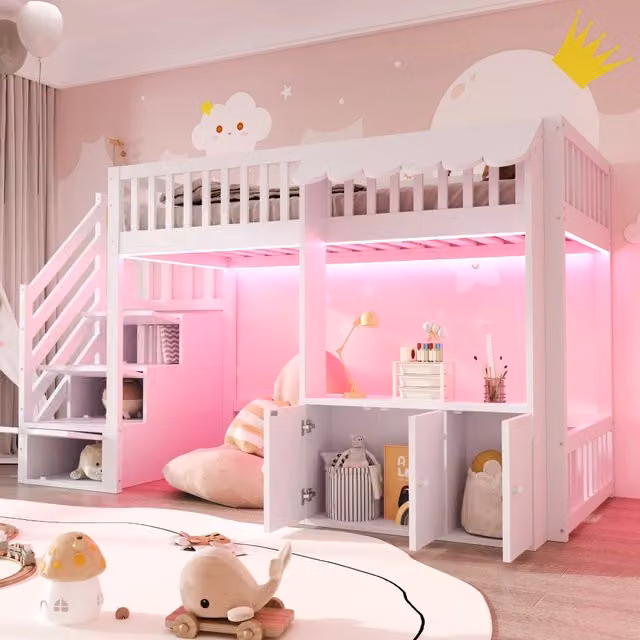 Letto a soppalco con contenitore ¨C Minimal ¨C Legno bianco con LED, rete a doghe, dimensioni 90x200 cm