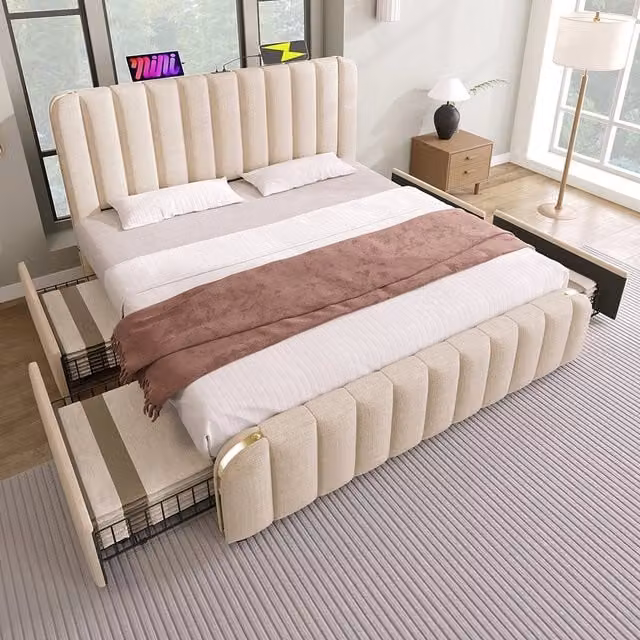 Letto imbottito con 4 cassetti - Xylo - 180x200 cm - Beige - Testiera imbottita doppia, funzione di ricarica USB-C