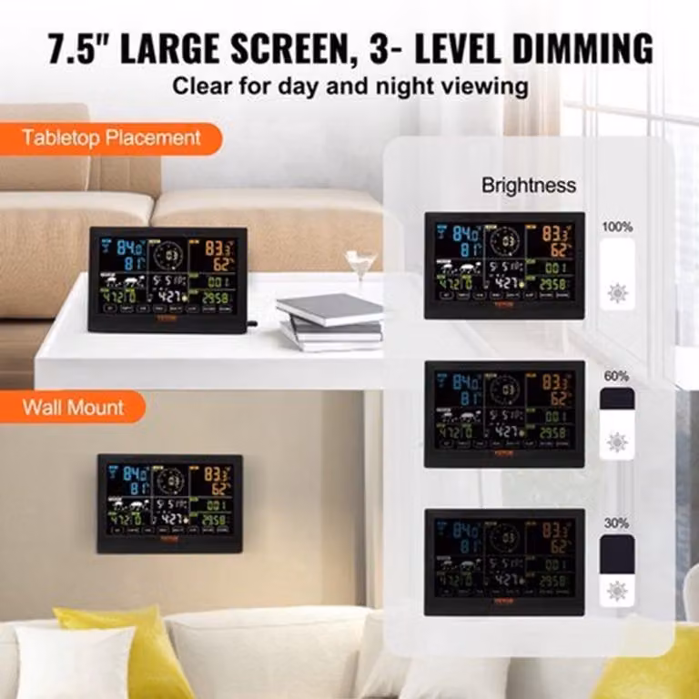 Stazione meteorologica wireless 7-in-1, display a colori da 7,5 pollici, per interni ed esterni, alimentata a energia solare