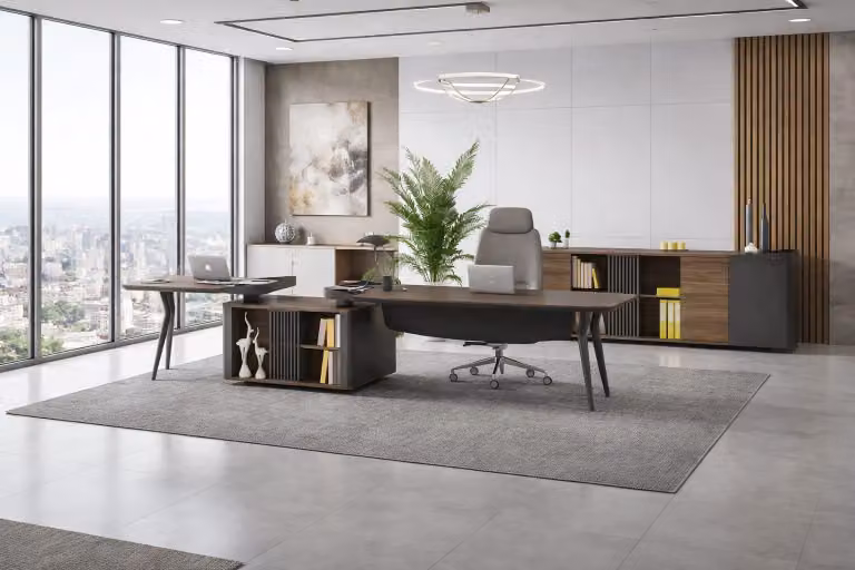 Scrivania moderna per due postazioni, con mobiletto laterale, ideale per l'arredamento di un ufficio