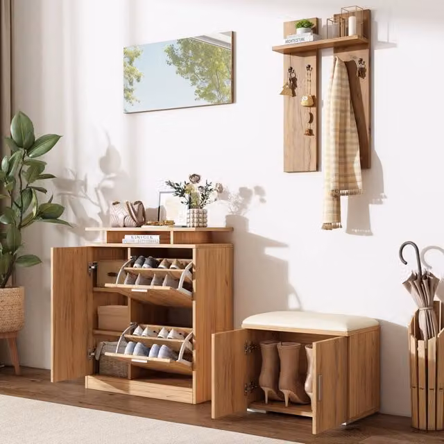 Mobile da ingresso con panca imbottita, specchio, 4 ganci e scarpiera 5 ante in truciolare naturale, 140 × 35 × 133 cm