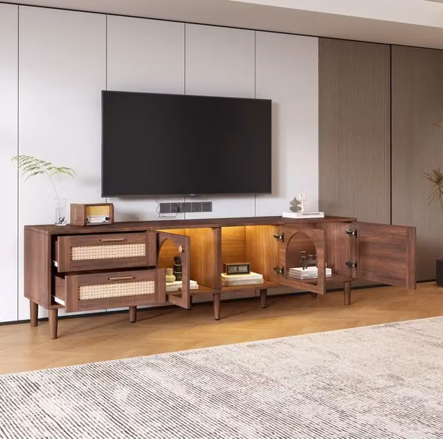 TV Schrank 180 cm con 2 cassetti in rattan; 3 ante in vetro e rattan; LED; marrone