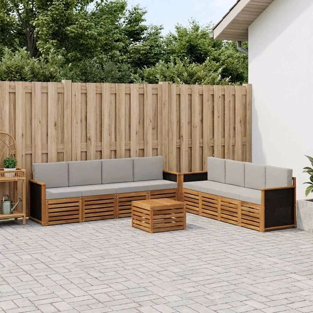 Set di divani da esterno vidaXL a forma di L in legno di acacia con tavolino da caffè e cuscini, beige e grigio