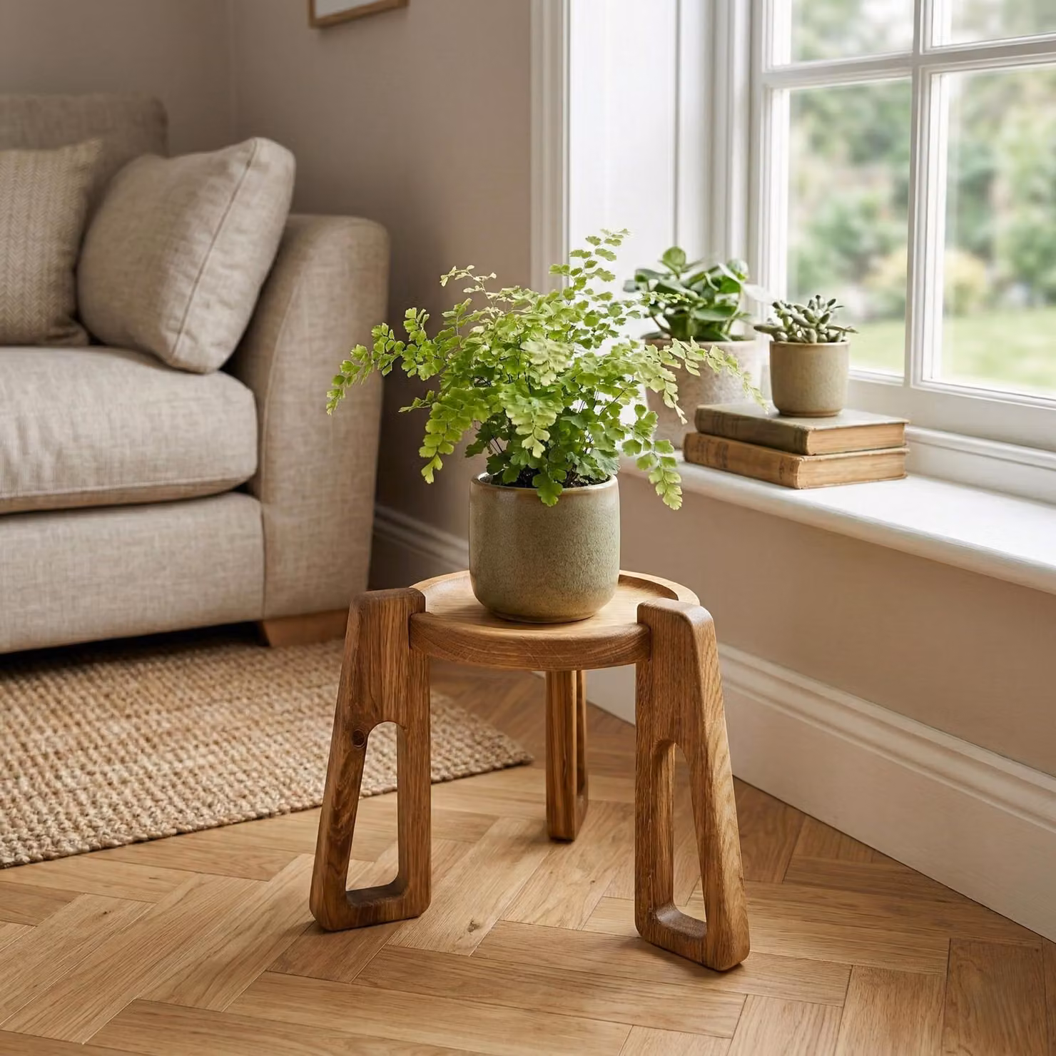 Una sedia unica in legno massello di quercia, altezza 25 cm, diametro 30 cm
