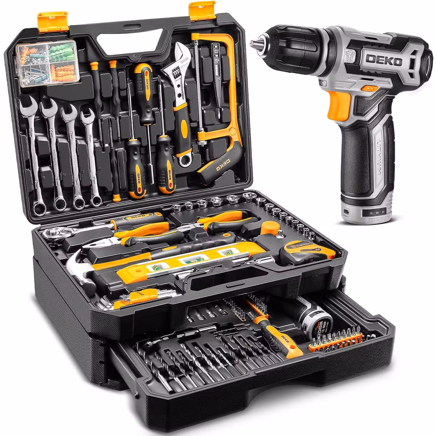 Set di attrezzi con trapano a batteria - 238 pezzi - 12 V - Valigetta portautensili - Con batteria agli ioni di litio da 1,5 Ah