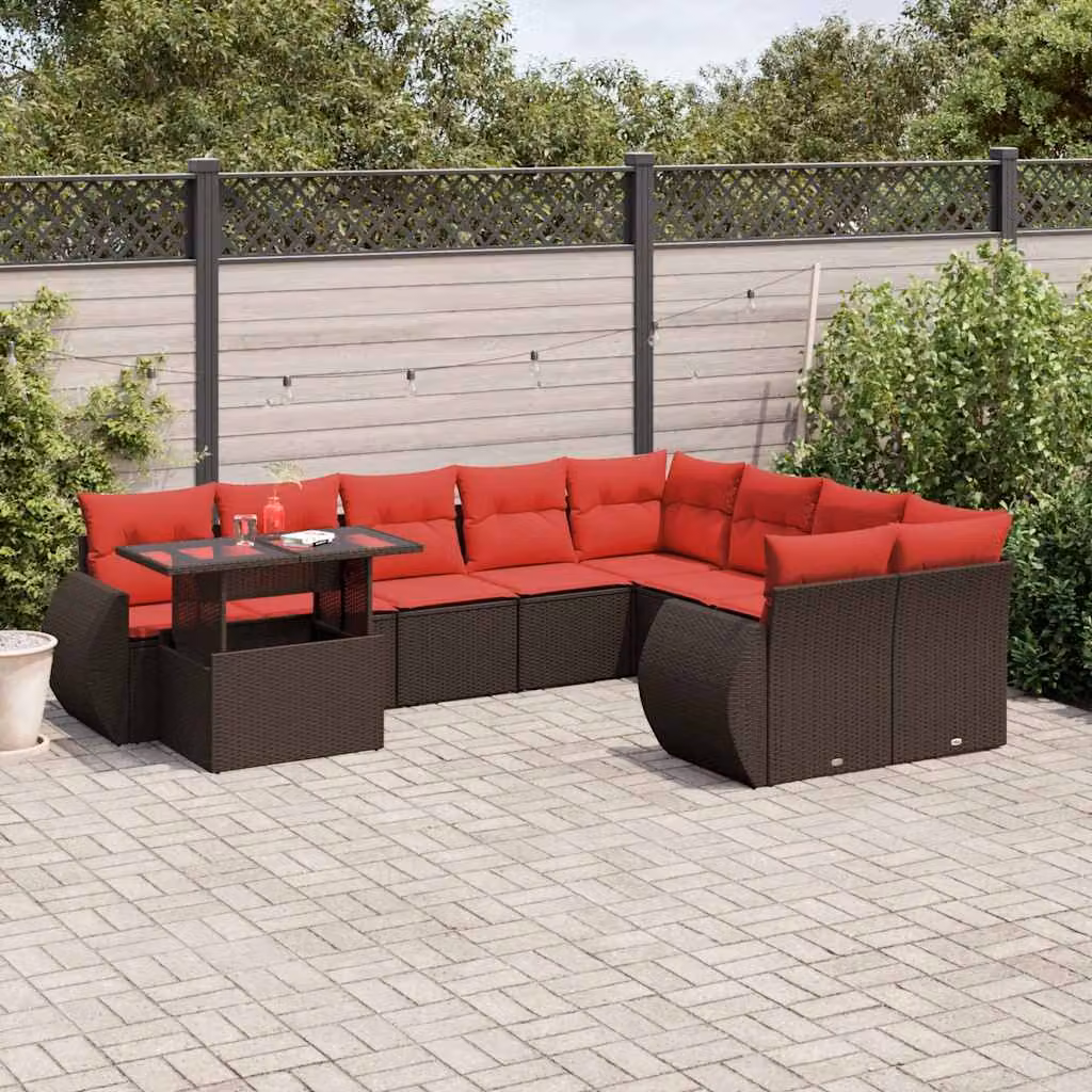 Set di divani da giardino vidaXL in polyrattan marrone con cuscini e tavolino da esterno, design moderno a L con struttura in acciaio verniciato a polvere
