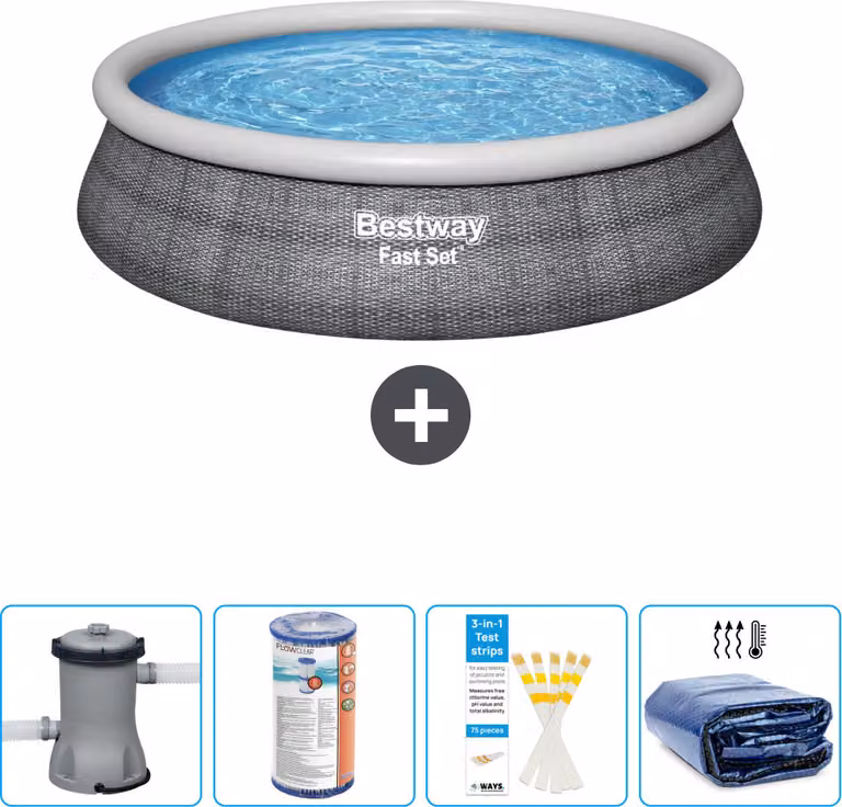 Piscina gonfiabile rotonda Bestway a presa rapida - stampa rattan - 457 x 84 cm - inclusa pompa - filtro - strisce reattive - tenda parasole