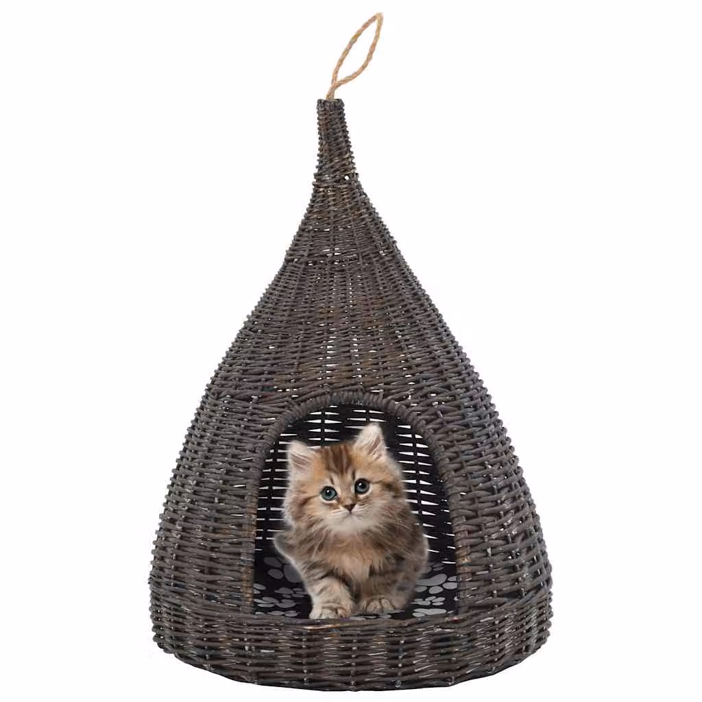 vidaXL Cesta per Gatti Teepee in Salice Naturale con Cuscino Grigio L: 60 cm, P: 40 cm