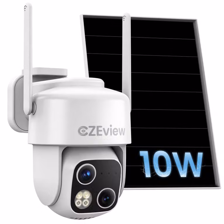 Telecamera di sicurezza esterna, alimentata a energia solare, risoluzione 1920p, rotazione a 360°, connessione Wi-Fi, doppia lente, zoom automatico 18x