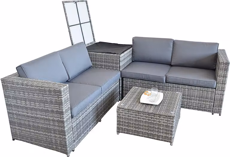 Set di mobili da giardino angolari in polyrattan con scatola di cuscini grigio