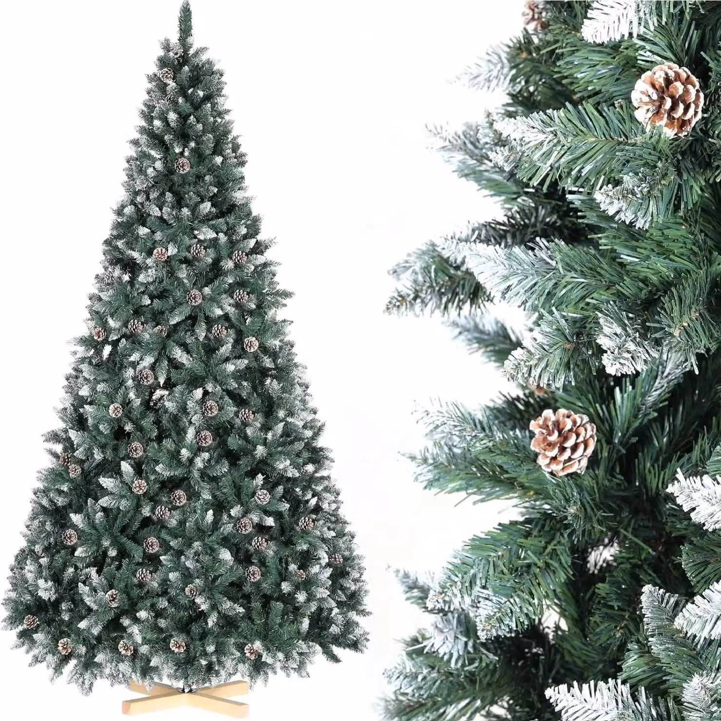 Albero di Natale artificiale - Abete alto 150 cm (5 piedi) - Effetto neve con pigne - Folto e rigoglioso - Materiale: PVC e PE - Verde con effetto neve