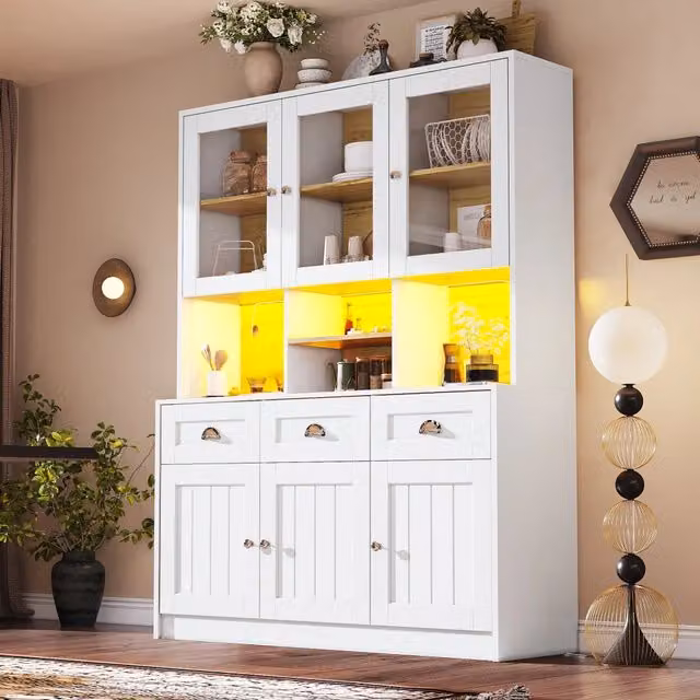 Credenza da cucina bianca in MDF con illuminazione LED controllabile tramite app, 3 cassetti e 6 ante, L/P/H: 140 x 40 x 175 cm
