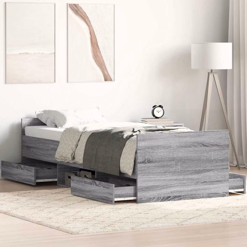 vidaXL Giroletto con Testiera e Pediera in Legno di Pino Grigio Sonoma L 90 cm x P 200 cm
