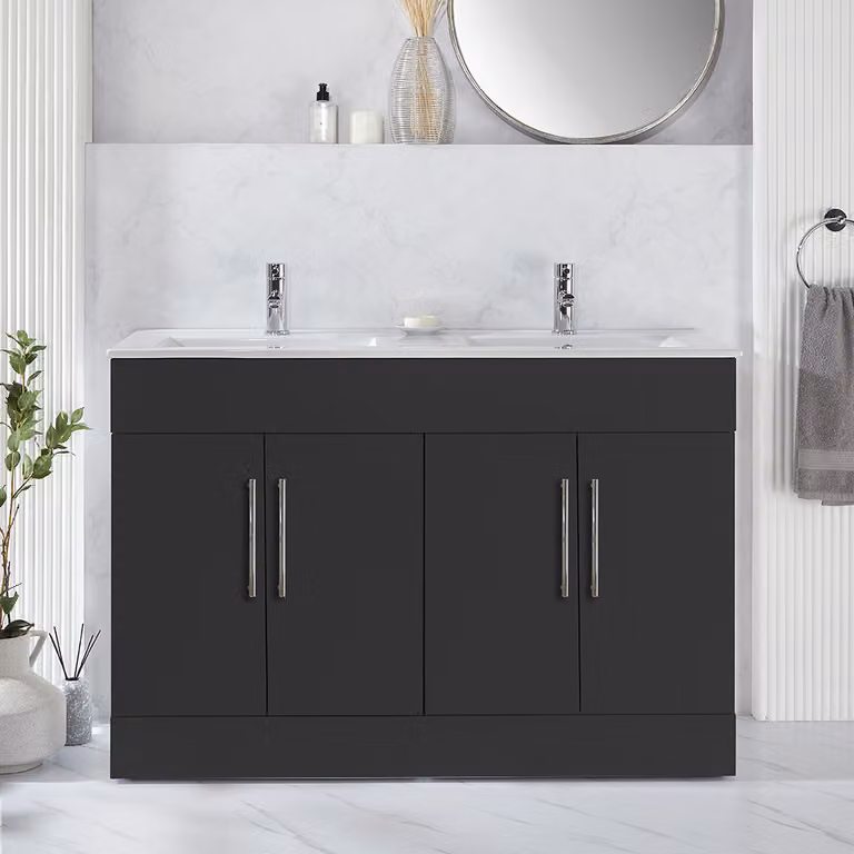 Mobile Bagno a Terra Grigio Nero da 1210mm con Doppio Lavabo e Maniglie con Barra a T Cromate - Cluo