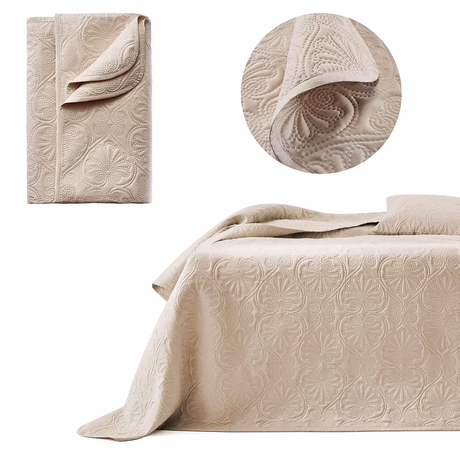 Elzusha - Plaid elegante per letto Leila, color beige, 240x260 cm, stile quilt, ideale per letto e divano