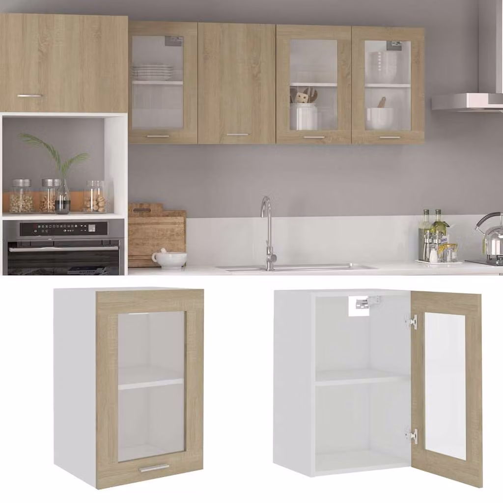 Pensile da cucina moderno vidaXL Lyon con ante in vetro e ripiani interni, Rovere Sonoma, L 40 cm x P 31 cm x H 60 cm