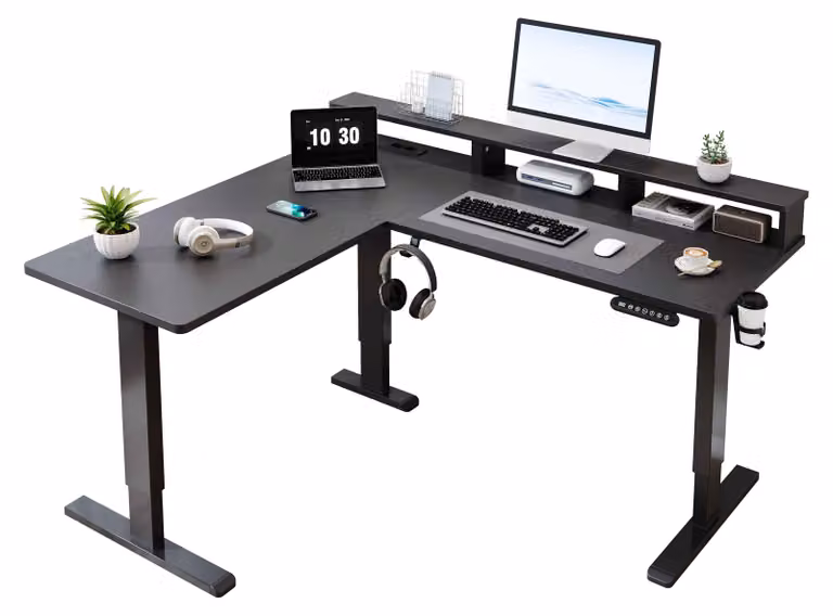 AIORBER Scrivania a L regolabile in altezza elettricamente, con presa di corrente e porta USB, silenziosa, stabile, ergonomica, 73–118 cm, nera