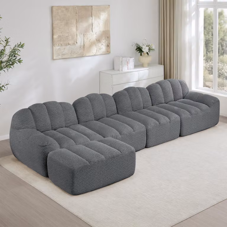Divano modulare a 4 posti, forma a conchiglia, imbottitura in schiuma 32D, poggiapiedi, seduta profonda (verde)