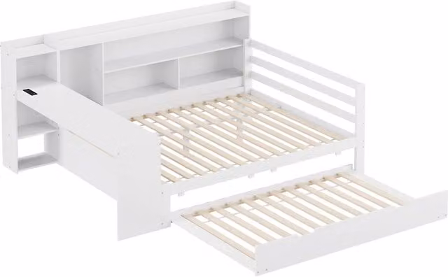 Letto matrimoniale estraibile bianco con scrivania, ripiani, porte USB e vani portaoggetti, L/P/H: 140 x 200 x 100 cm – 1