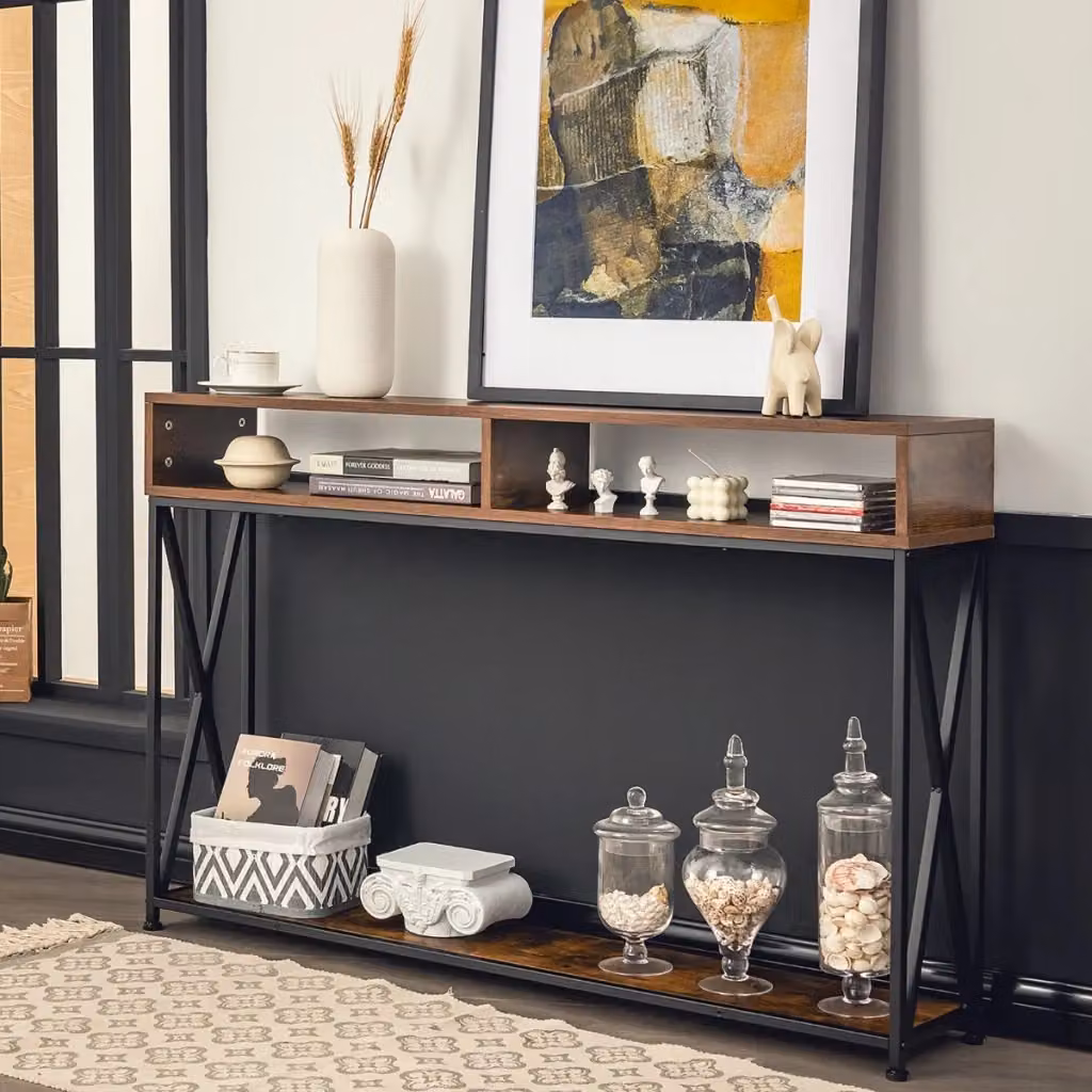 Tavolo da parete a 2 livelli con mensola aperta e scompartimenti in stile industrial, DESIGN IN, Marrone – 2