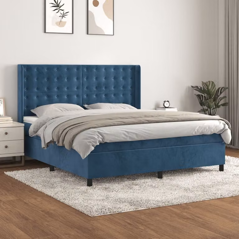 The Living Store Letto a molle con materasso blu scuro 160x200 cm in velluto