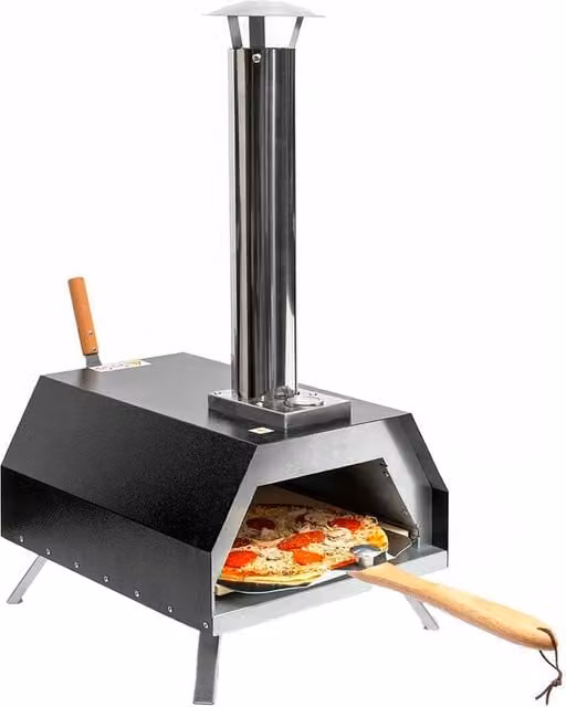 Forno a pellet portatile Innovagoods per pizza con accessori, termometro e copertura, argento e nero