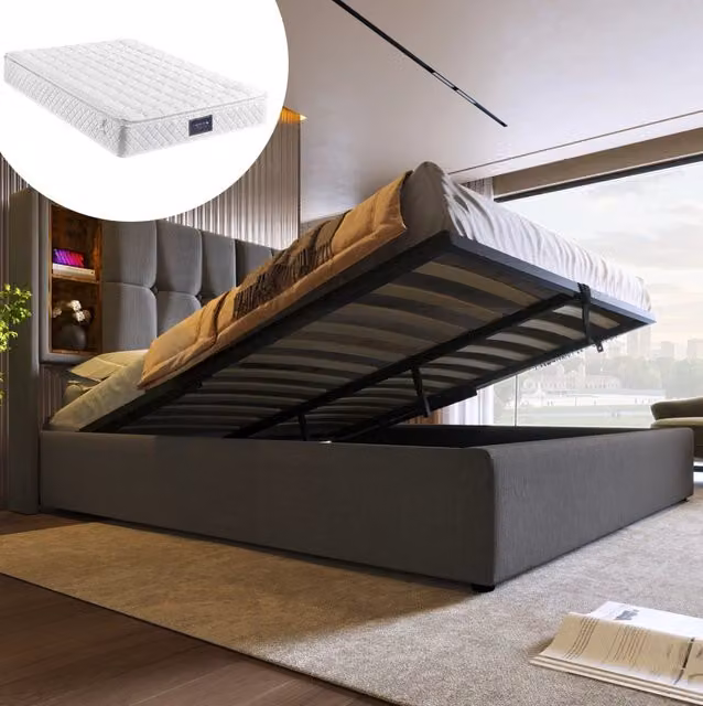 Letto imbottito 160 x 200 cm grigio con ricarica wireless, USB-C e materasso