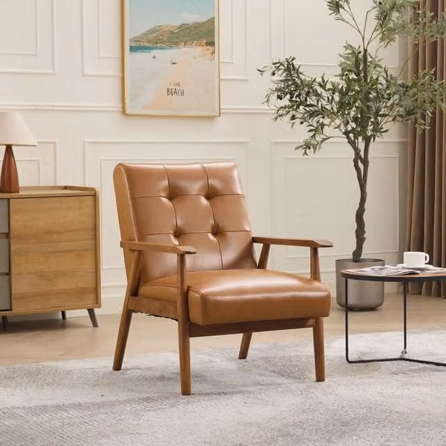 Poltrona in pelle bovina con struttura in legno e cuciture pull-point per soggiorno e ufficio marrone chiaro