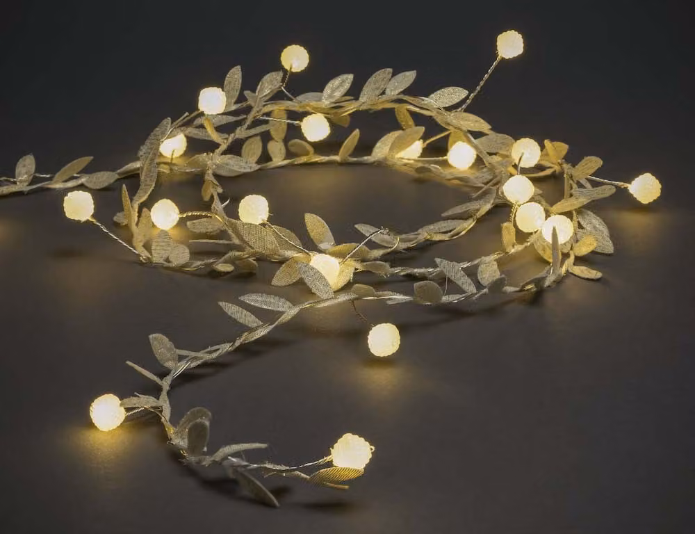 Perline luminose a LED con foglie dorate - 20 LED bianco caldo - batteria - timer - L: 1,90m