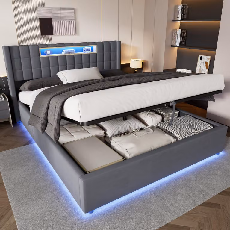 Letto imbottito MODFU 160x200, in velluto, letto per ragazzi con ampio spazio contenitivo, cassone contenitore idraulico, illuminazione LED e ripiano imbottito, moderno letto matrimoniale, senza materasso, colore grigio