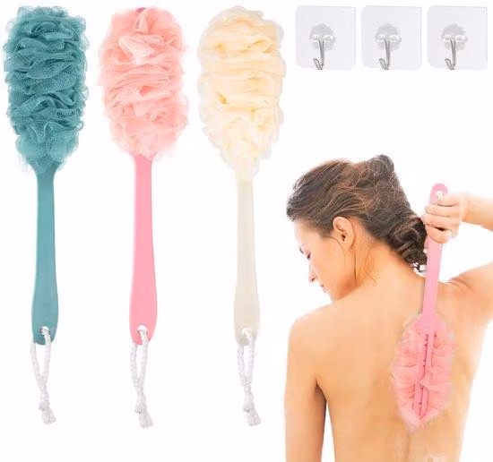 Spazzola per doccia e asciugamani con manico ergonomico, set di accessori da bagno, set di accessori da bagno a 3 livelli con supporti adesivi, spazzole per tappeti, raschietto per doccia e asciugamani, set da 3 pezzi