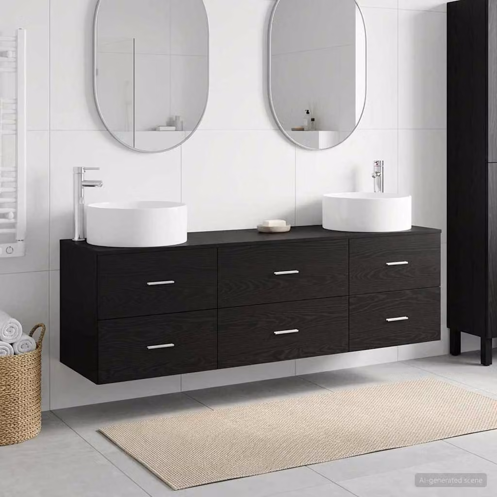 Set di mobili per il bagno moderno vidaXL in legno nero opaco con vanità e armadietti laterali, L/P/H: 161,5 x 44,5 x 80 cm