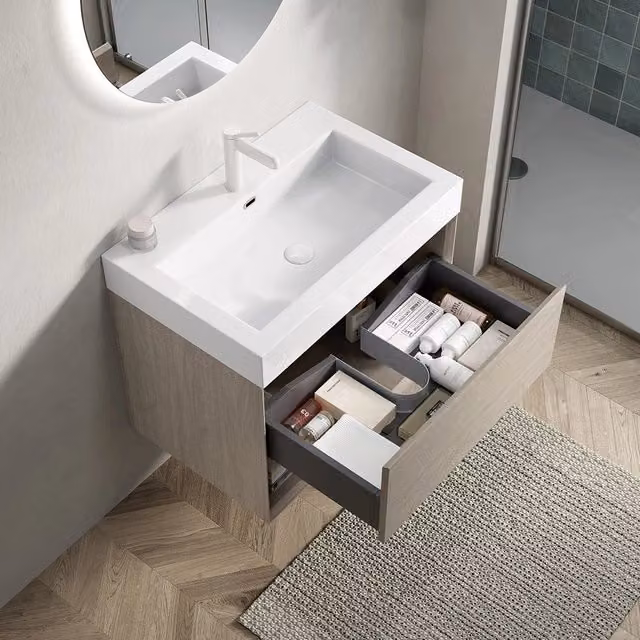 Mobile-lavabo sospeso - Xylo - 70 cm - Ch??ne chiaro - Vasque rettangolare in resina bianca, tiroir et ??tag??re ouverte