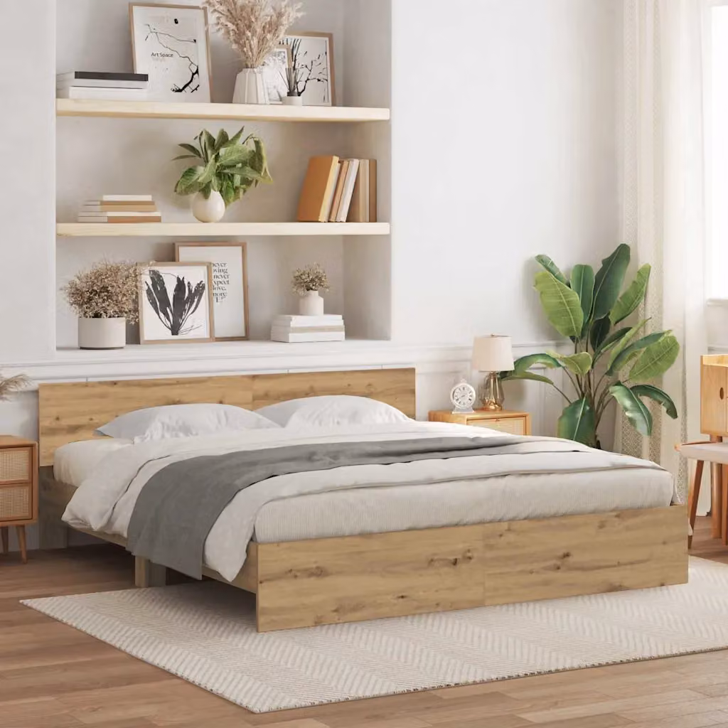 Struttura letto con testata vidaXL in legno Rovere, colore marrone, L: 180 cm, P: 200 cm, H: 105 cm