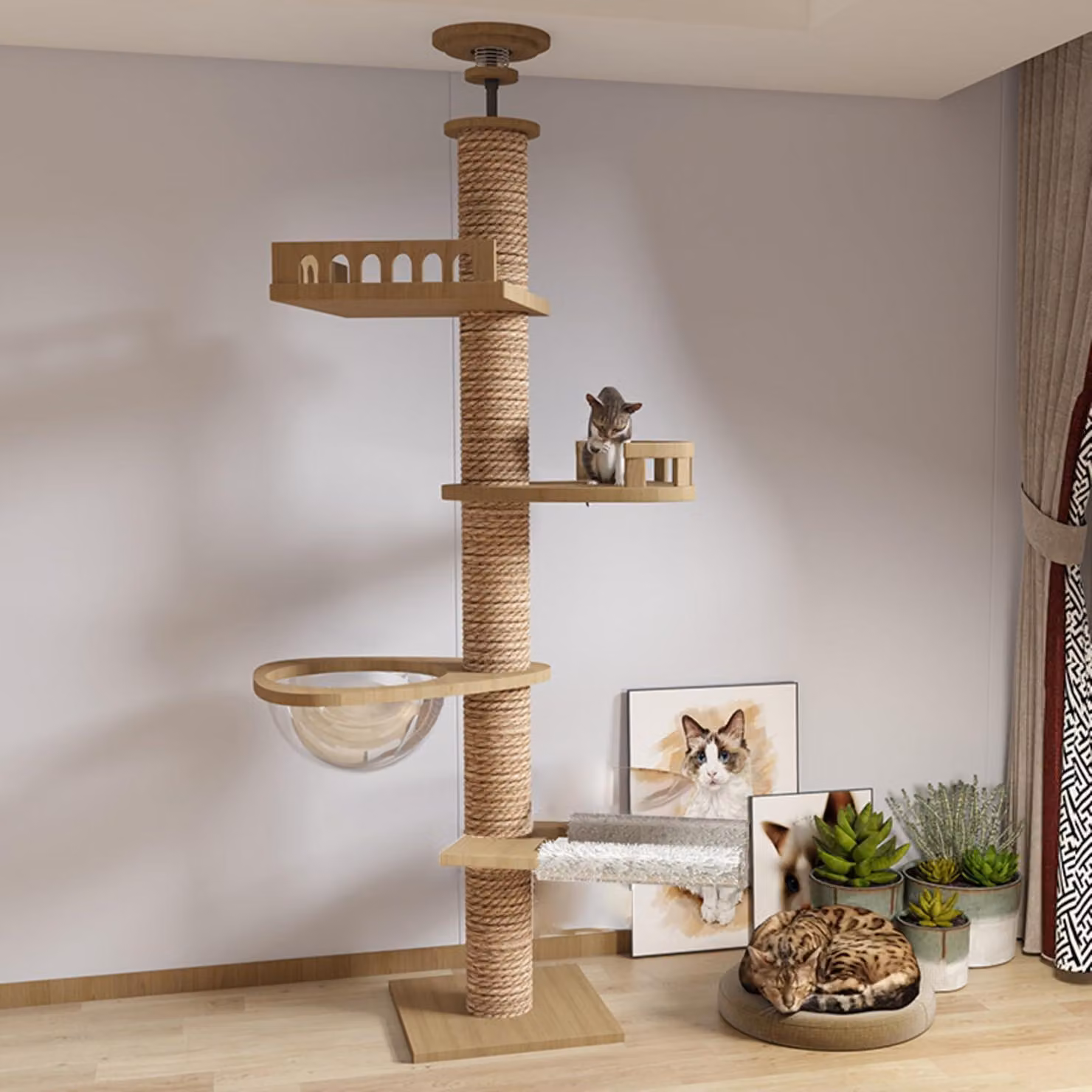 Albero per gatti robusto, con stabilizzatore da soffitto e corda in sisal - Albero per gatti alto, ideale per interni