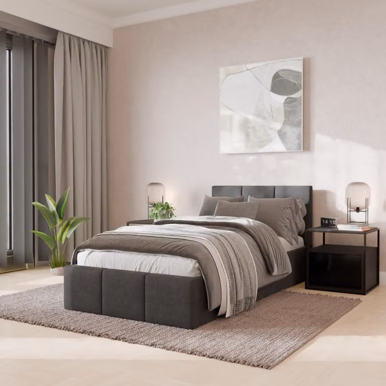 Muralo Letto imbottito per camera da letto Letto imbottito con rete e molla a gas Letto con testiera imbottita Letto singolo 90x200 Letto con contenitore Grigio