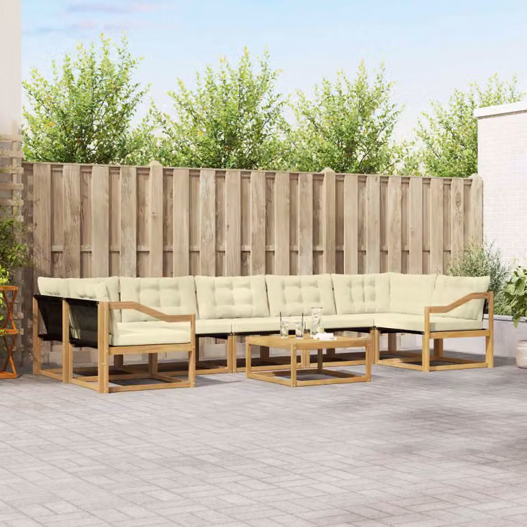 Set di divani da esterno vidaXL a forma di U in legno di acacia con cuscini bianchi e beige
