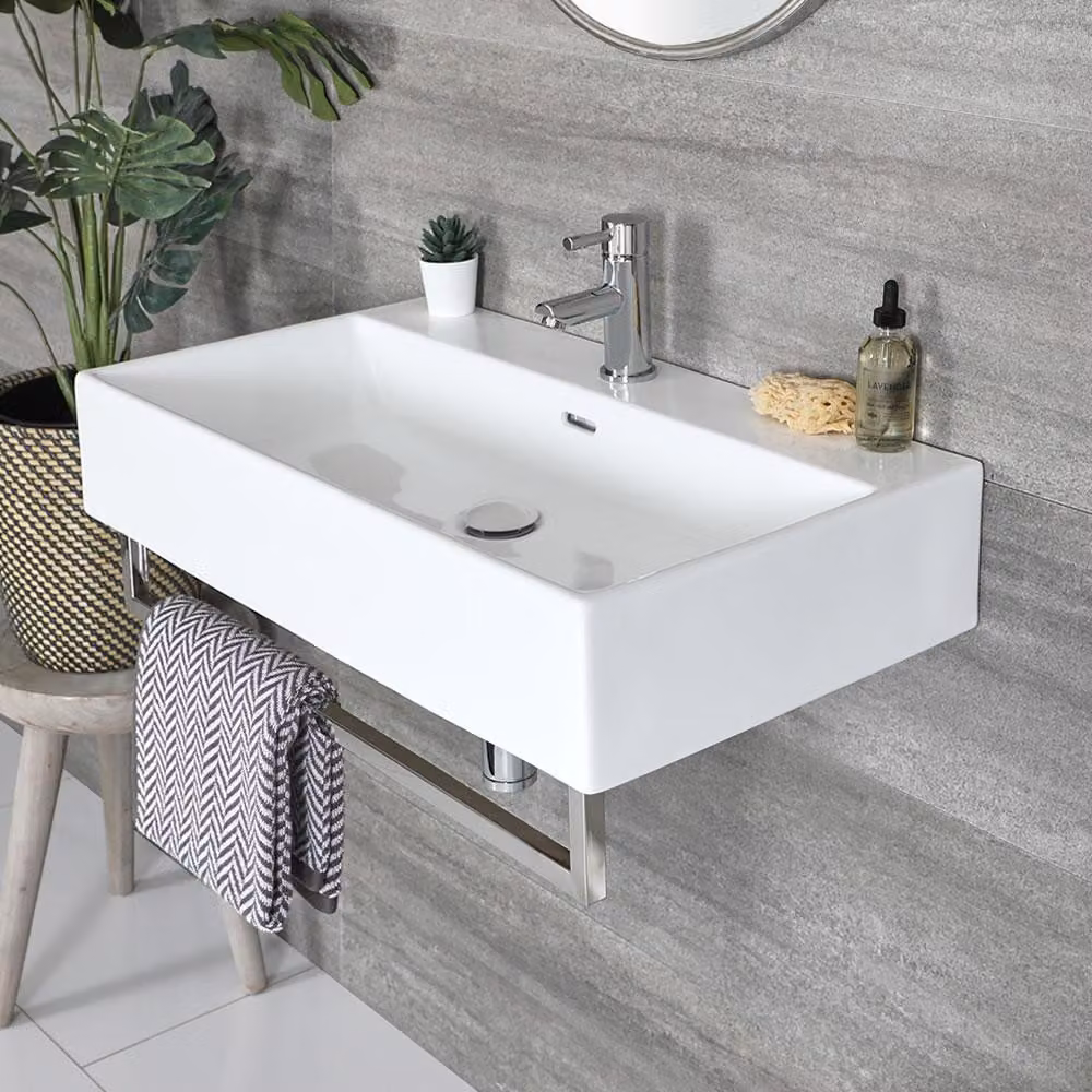 Lavabo Sospeso Rettangolare con Porta Salviette Cromato 750 x 420mm - Sandford