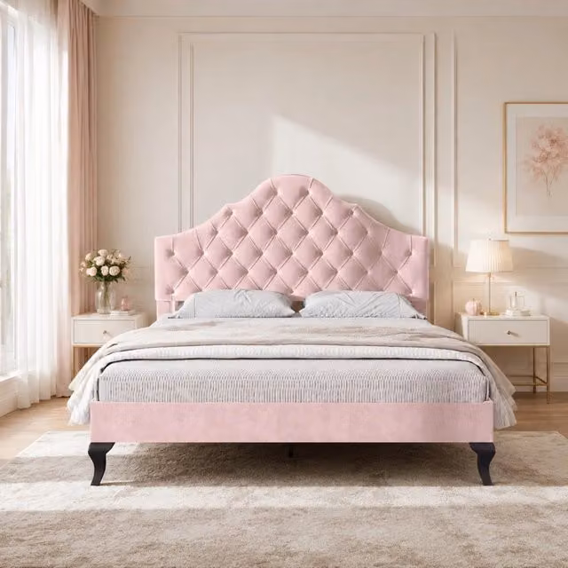 Letto imbottito Mivray in velluto rosa con rete a doghe in legno L/P: 140 x 200 cm
