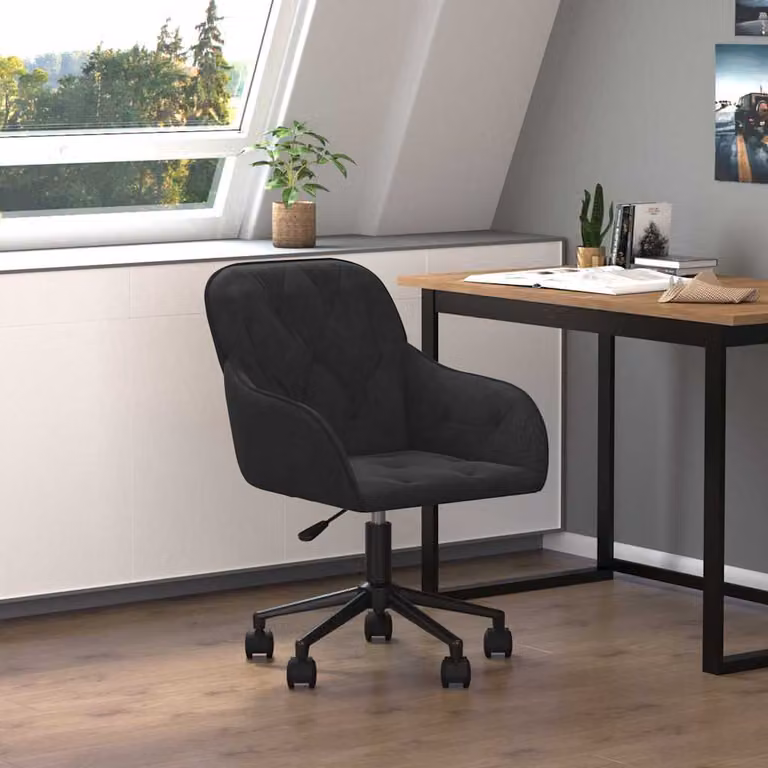 Sedia da ufficio girevole vidaXL in velluto nero con ruote e base in metallo e legno