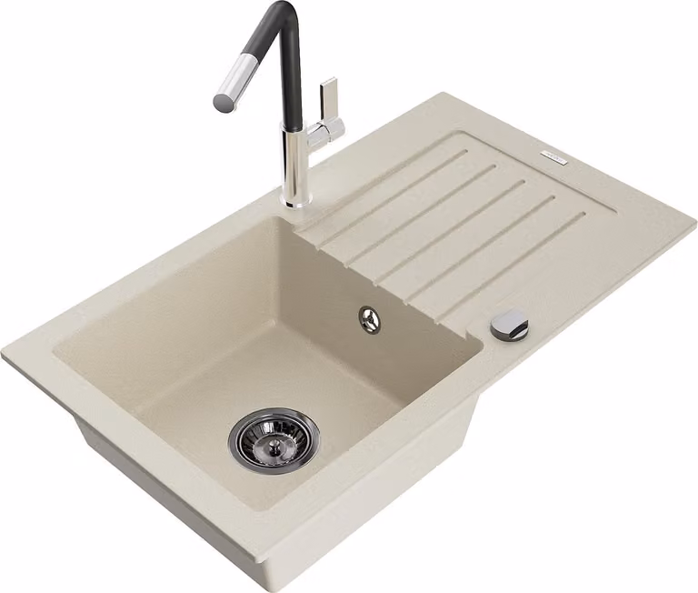 Mexen Pablo lavello in granito 1-vasca con scolapiatti e rubinetto da cucina Flora, beige - 6510-69-670401-07-B