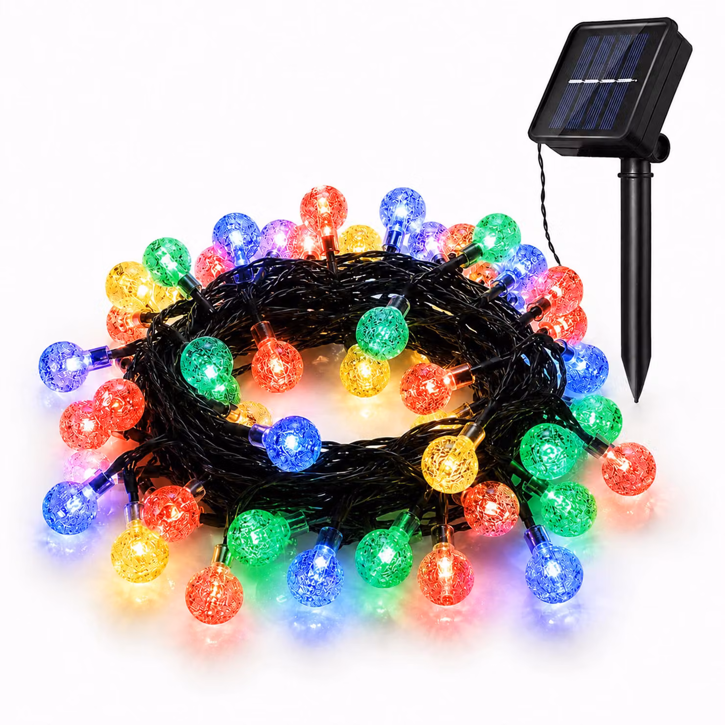 Catena luminosa solare da esterno, 9,5 metri, 50 LED, sfere di cristallo, 8 modalità, multicolore, accensione/spegnimento automatico, ideale per decorare giardino, terrazza, balcone, per Natale o per feste