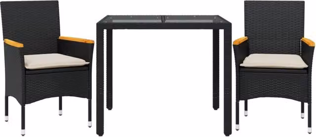 Set da Pranzo da Giardino 3 Pezzi in Polyrattan con Tavolo in Legno di Acacia e Vetro Bianco e Nero