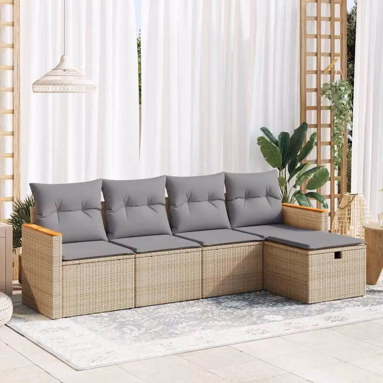 Set Divano da Giardino a L vidaXL in Polyrattan Beige con 5 Pezzi e Cuscini Removibili