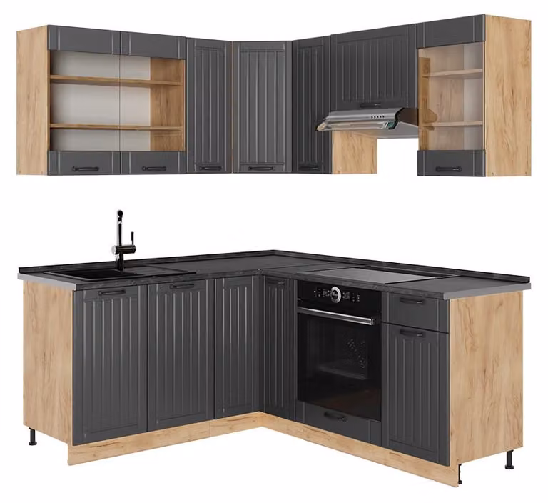 Cucina angolare completa Vicco Fame-Line Grigio scuro/Rovere dorato 190 x 160 cm senza piano di lavoro, Model 56806