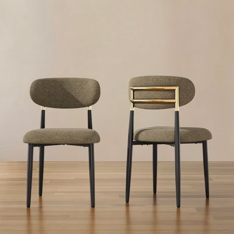 Set di 2 sedie da pranzo imbottite in tessuto, con schienale arrotondato e struttura dorata, gambe in metallo nero, stile moderno, colore marrone