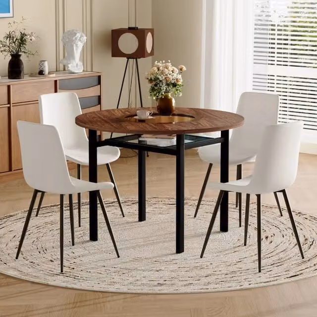 Set tavolo da pranzo rotondo Mivray con sedie in similpelle bianca, piano in vetro trasparente e MDF marrone e nero per cucina e sala da pranzo